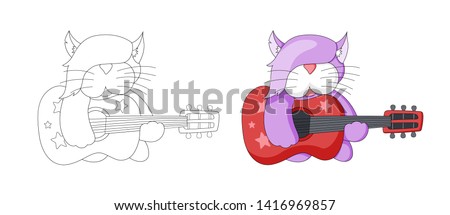 Musical cartoon animal. Childish cat with bass guitar. Outlined doodle coloring book page for kids. Rock and roll cat cartoon vector illustration for print design isolated on white background