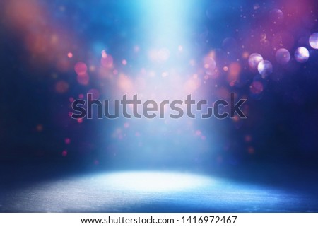 abstract dark concentrate floor scene with mist or fog, spotlight, glitter light bokeh for display
