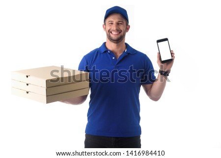 Delivery staff hold pile of pizza boxes and white screen smartphone, conceptual of online delivery easy by smartphone