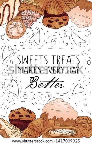 Bakery poster with hand drawn elements and lettering on a white background. Vector icons in black and white sketch style. Hand drawn isolated objects