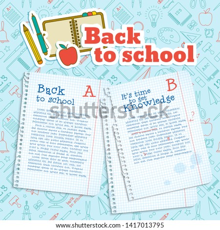 Education school background with paper sheets text marks supplies on blue line icons seamless pattern vector illustration