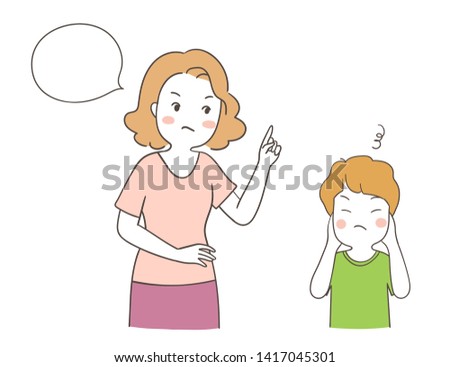 Draw vector illustration character design mother scolding angry boy.Family concept.Doodle cartoon style.