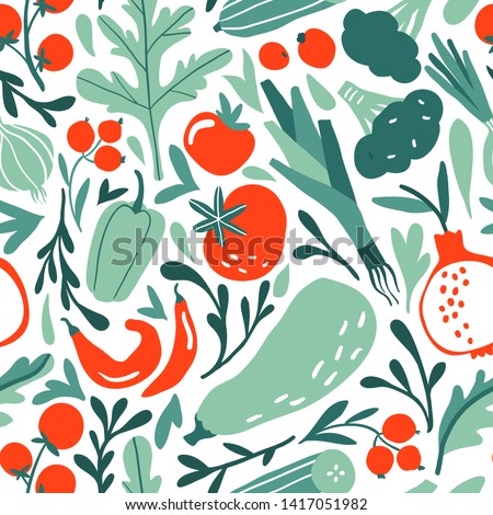 Seamless pattern with hand drawn red and green fruits, berries, vegetables. Flat pepper, tomato, leek, broccoli, garnet, cucumber. Vegetarian healthy food vector texture. Vegan, farm, organic, detox Royalty-Free Stock Photo #1417051982
