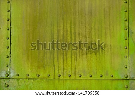 Green Metal and Rivets. Old Corroded Dirty Green Metal Wall Photo Background