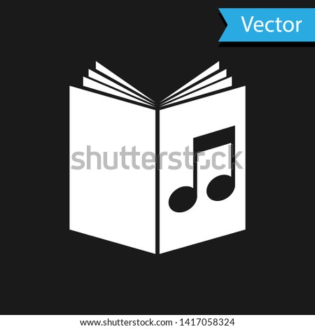 White Audio book icon isolated on black background. Musical note with book. Audio guide sign. Online learning concept.  Vector Illustration