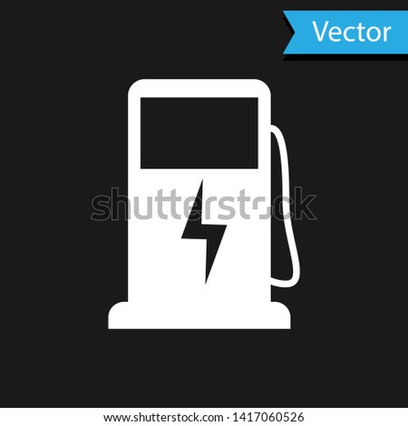 White Electric car charging station icon isolated on black background. Eco electric fuel pump sign. Vector Illustration