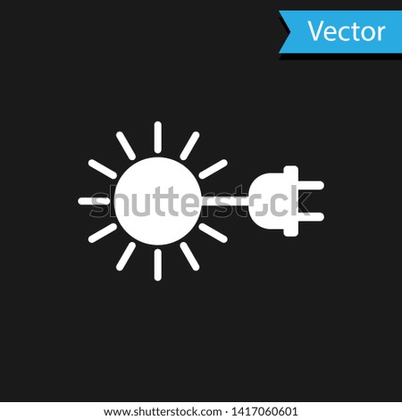 White Sun with electric plug icon isolated on black background. Energy saving concept. Vector Illustration