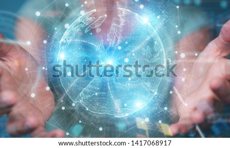 Businesswoman on blurred background using Europe map globe network hologram 3D rendering