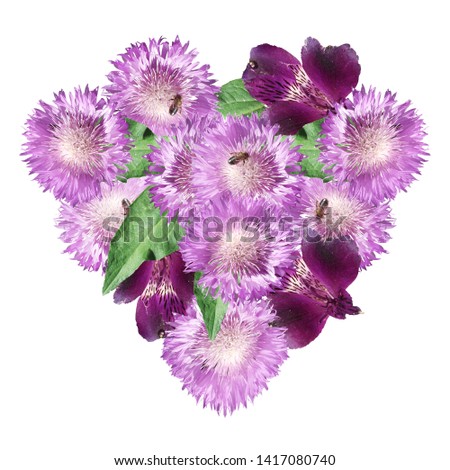 Card with heart of alstroemeria and thistles. Isolated