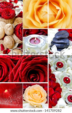Floral Mosaic. Red and White Roses, Rocks, Rose Petals and Candles Composition. Beautiful Floral Mosaic - Great For Wall Prints. Floral Photo Collection.