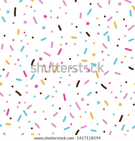 Seamless pattern with colorful sprinkles. Donuts glaze, dessert background. Sweet confetti on white chocolate glaze background. Vector Illustration for holiday designs, party, birthday, invitation. Royalty-Free Stock Photo #1417118594