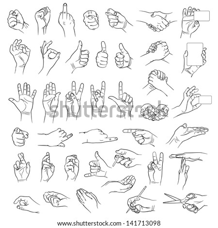 Hands in different interpretations. Vector illustration. Isolated on white background