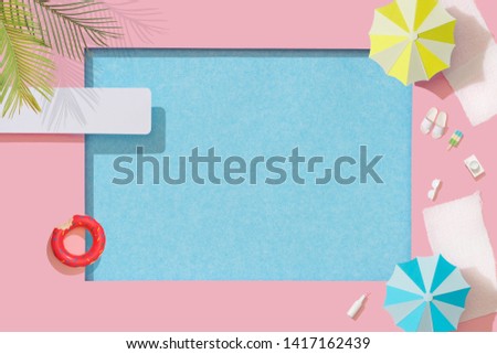 Top view beach background. Pool party. Summer swimming pool tropical concept. Minimal vacation composition.
