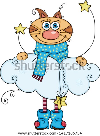 Funny winter cat holding a cloud with stars

