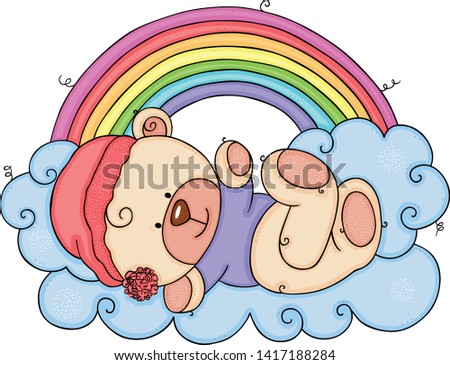Baby teddy bear lying on clouds with rainbow
