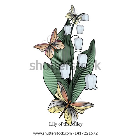 Tender sprig of lily of the valley surrounded by butterflies
