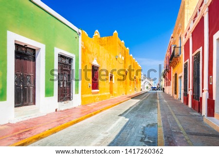 Colorful empty colonial street in the historic center of Campeche, Yucatan, Mexico Royalty-Free Stock Photo #1417260362