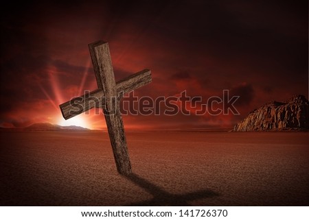 Abandoned Crucifix on Desert in Sunset. Christians Theme. Crucifix Illustration.