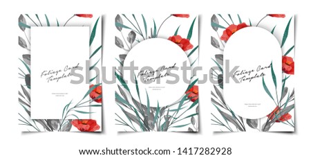Set of white cover template layout with poppy flower and foliage watercolor design