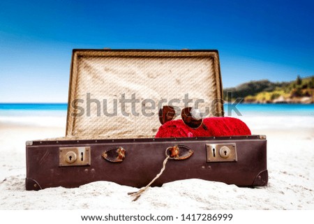 Summer suitcase on beach and ocean landscape. Free space for your decoration and blue sky 