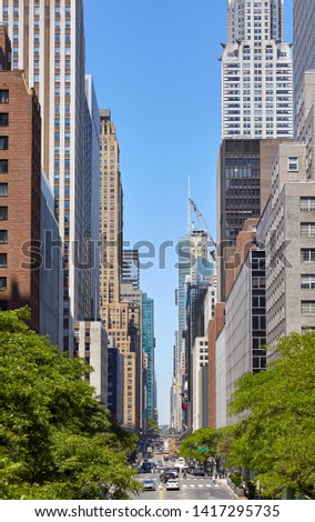 Manhattan cityscape along East 42nd Street, New York City, USA.