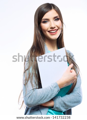 Teenager girl hold white blank paper. Young smiling woman show blank card. Girl portrait isolated on white background. Female smiling model.