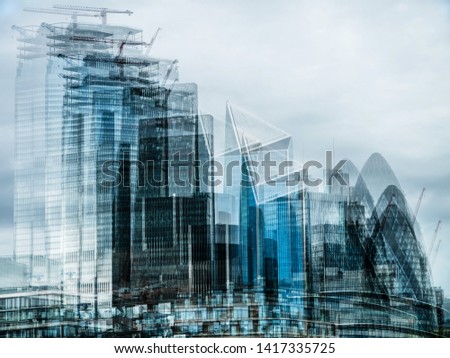 An Abstract multi-exposure to capture the dynamic feel of the City of London business area. Construction, interest rates, inflation, skyscrapers, finance and future concepts.
