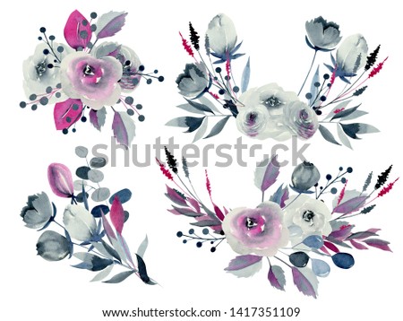 Watercolor floral bouquets illustrations, indigo and crimson roses, other flowers and plants, hand drawn isolated on a white background