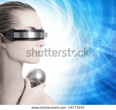 Beautiful cyber woman isolated over abstract blue background
