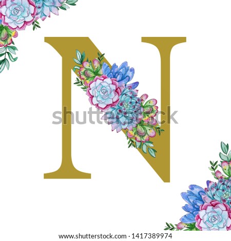 Floral watercolor alphabet art. Combination of gold N letter and succulents to create delicate designs for weddings, logotype, greeting cards, mood boards, Instagram posts, magazines