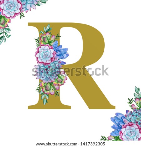 Floral watercolor alphabet art. Combination of gold R letter and succulents to create delicate designs for weddings, logotype, greeting cards, mood boards, Instagram posts, magazines
