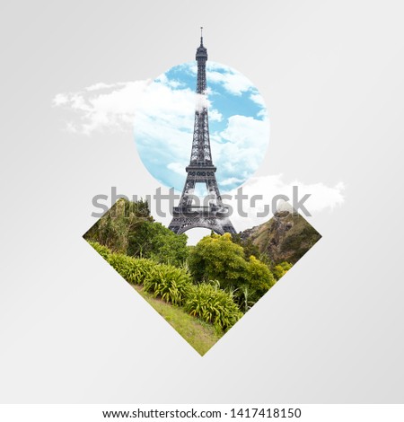 Eiffel Tower, forest and meadow on grey background. Concept of interaction of city sights or showplaces with the nature objects. Negative space. Modern design. Contemporary and creative art collage.