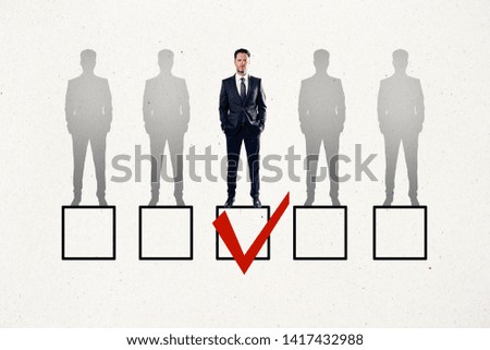 Faded row of businessmen on white background with one red tick in box. Talent search and HR concept 