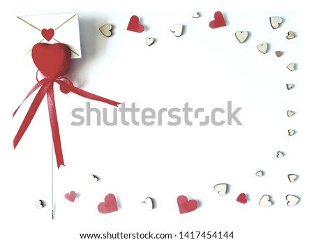 Greeting card, Valentine's Day, background, texture with red paper and wood texture hearts, side letter of love, isolated on white background