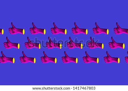 Contemporary minimalistic art collage in neon bold colors with hands showing thumbs up. Like sign surrealism creative wallpaper. Psychedelic design pattern. Template with space for text. 