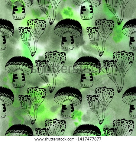 Mysterious forest watercolor mushrooms seamless pattern, line art on a green watercolor background