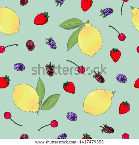 seamless pattern with hand drawn berries and lemons illustration