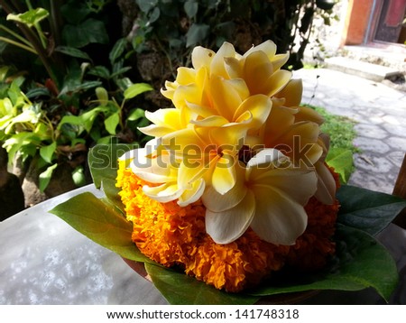 a bouquet of Frangipani flowers on a bench greeting its customers to a spa centre
