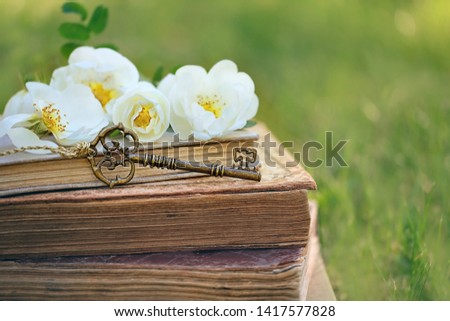 vintage key, old books and white wild rose in green grass. Summer reading, Hobbies on vacation concept. inspiration atmosphere image. symbol of secret garden, romance