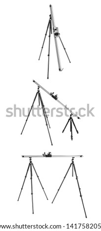 3 forms for using slider system for time lapse. Tripods and dolly, slider. Time Lapse equipment on a white background. Video and photography slider. Isolated tripod and time lapse controller.