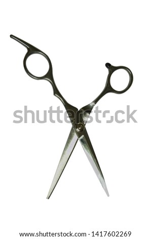 Silver professional scissors for cutting. Isolated object on white background. Working tool of a hairdresser. Royalty-Free Stock Photo #1417602269