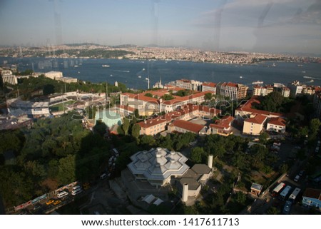 Istanbul Panorama panoramic city view shot from above Sea throat buildings skyscraper trees paths traffic cars wonderful Istanbul skyline Tourism travel sightseeing vacation. 
