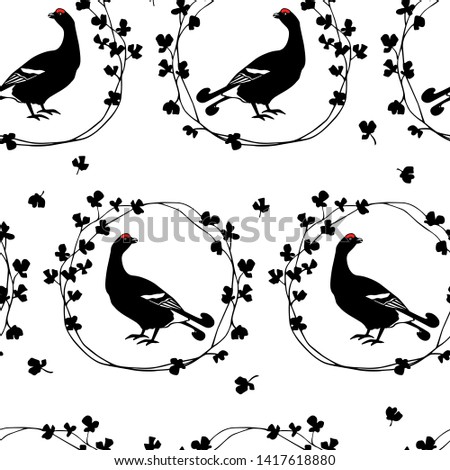 Vector seamless pattern with hand drawn black grouse in floral wreath. Beautiful design elements, perfect for prints and patterns