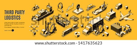 Third party logistics, 3pl, transport, cargo export, import. Integrated warehousing and transportation operation service. Air, road, maritime delivery. 3d isometric vector landing page line art banner Royalty-Free Stock Photo #1417635623