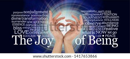 The Joy of Being word cloud - pair of female hands making a heart shape against a white rotating vortex surround by words relevant to the Joy of Being spiritual concept
 Royalty-Free Stock Photo #1417653866