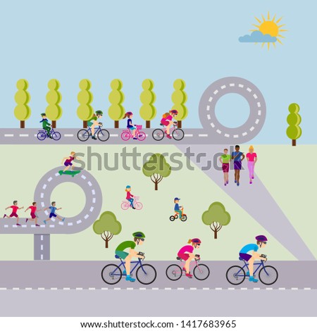 Cyclists sport people riding bicycles in public city park. Trendy radient color vector illustration.