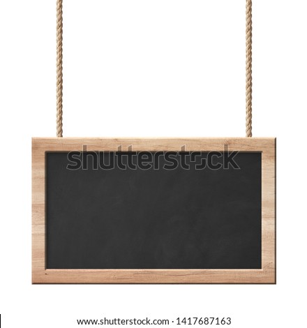 Blackboard with bright wooden frame hanging on ropes isolated on