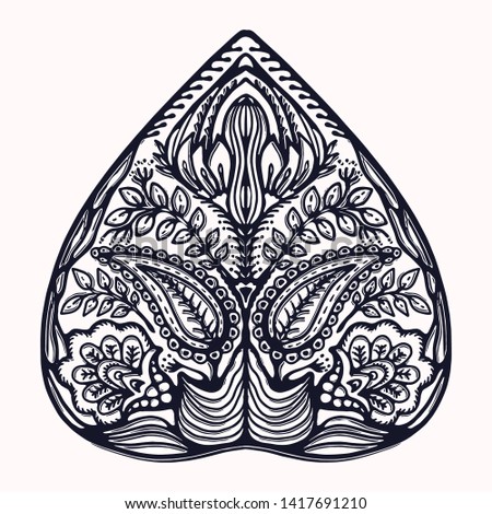 Paisley nature folk art graphic design element. Hand drawn nordic linocut block print motif. Black folkloric clip art paper cutout. Bohemian indian style. Nordic leaf tattoo. Line art flourish outline