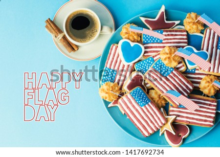 flag day USA -patriotic breakfast a cup of coffee and Homemade cookies in the shape of the American flag  
