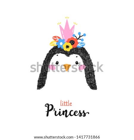 Cute Penguin with Flower Crown and "Little Princess" quote Vector Illustration for Kids. Bird with Floral Wreath. Kawaii Animal t-shirt Print, Baby Shower Card, Nursery Poster, Birthday